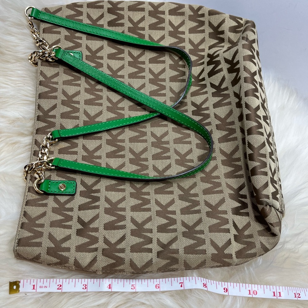 Michael Michael Kors Monogram Canvas Tote Emerald Green Chain and Leather Straps - Picture 12 of 13